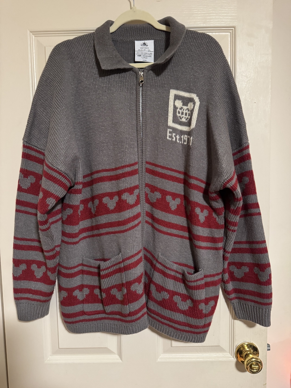 Disney Men's Gray and Red Zip-Up Knit Cardigan with Icon Motif